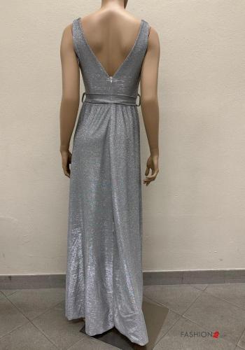 sleeveless long lurex Dress with v-neck with sash - ph 2
