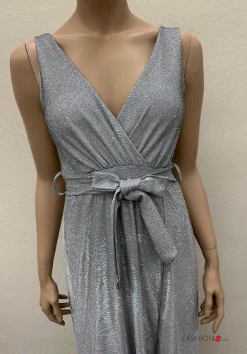 sleeveless long lurex Dress with v-neck with sash - ph 4