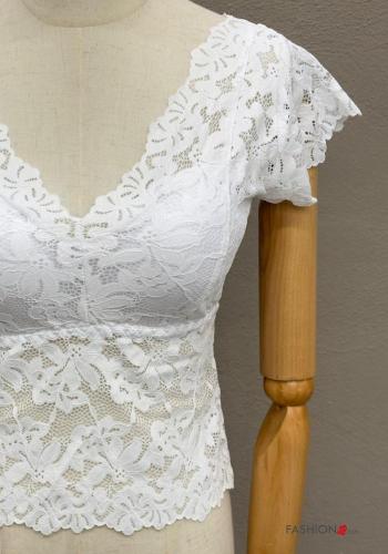 Top corto pizzo maniche corte Fantasia ricamata scollo a V - ph 4