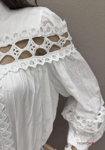 Abito chemisier in Cotone maniche lunghe Fantasia ricamata con cintura in stoffa con bottoni a collo alto con balze - ph 6