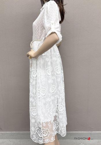 Abito con colletto pizzo maniche corte Fantasia ricamata con corda con cintura con bottoni - ph 6