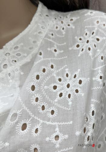 Robe en Coton manches courtes longue à broderie à volants avec ceinture broderie anglaise à boutons - ph 6