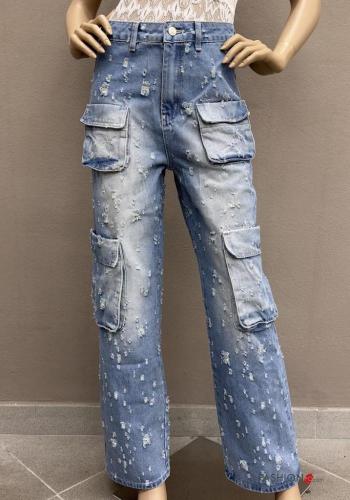 Jeans en Coton en denim à boutons avec fermeture éclair avec poches - ph 2