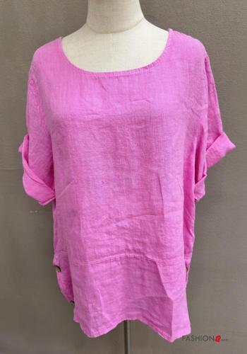 Blouse en Lin manches courtes col rond à boutons - ph 2