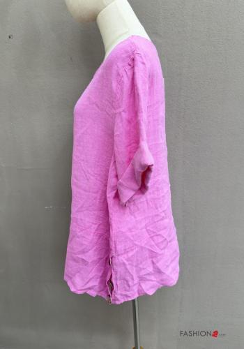 Blouse en Lin manches courtes col rond à boutons - ph 4