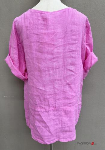Blouse en Lin manches courtes col rond à boutons - ph 5