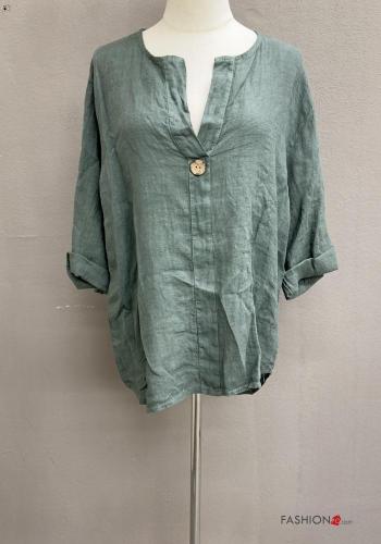 Blusa in Lino maniche a tre quarti con bottoni scollo a V - ph 3