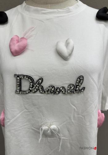 heart motif short sleeve crew neck Cotton T-shirt with rhinestones - ph 2