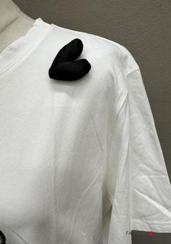 heart motif short sleeve crew neck Cotton T-shirt with rhinestones - ph 3