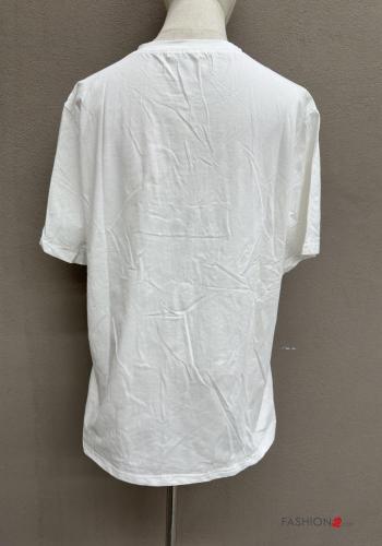 heart motif short sleeve crew neck Cotton T-shirt with rhinestones - ph 4