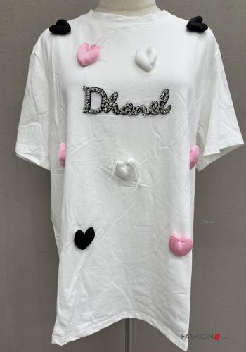 heart motif short sleeve crew neck Cotton T-shirt with rhinestones - ph 5