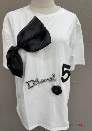 short sleeve crew neck Cotton T-shirt with bow with rhinestones - ph 2