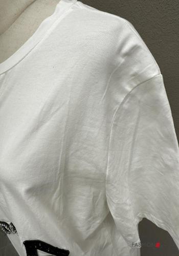 short sleeve crew neck Cotton T-shirt with bow with rhinestones - ph 3