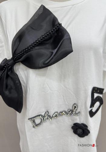 short sleeve crew neck Cotton T-shirt with bow with rhinestones - ph 6