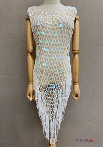 häckeln asymmetrisch netz Strandkleid aus Baumwolle mit Pailletten mit Fransen - ph 3