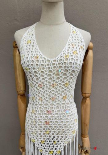 Copricostume in Cotone lungo a rete scollato sulla schiena con paillettes con frange - ph 4