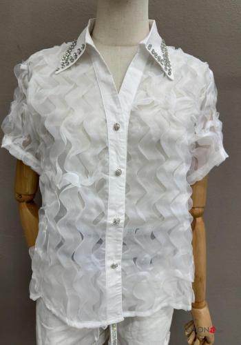 Chemise manches courtes tulle à collet à broderie à boutons avec strass - ph 3