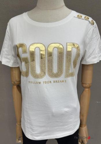 Lettering print short sleeve crew neck Cotton T-shirt with buttons - ph 2