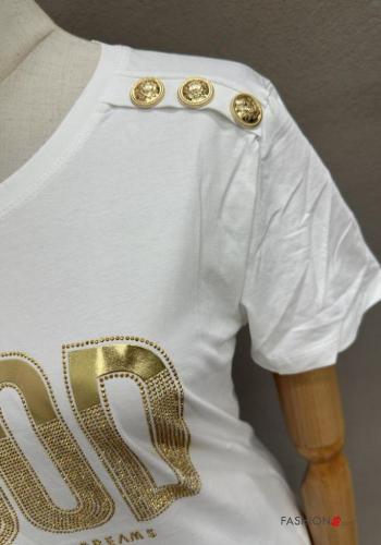 Lettering print short sleeve crew neck Cotton T-shirt with buttons - ph 3