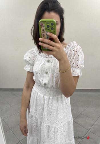 Embroidered puff sleeve short sleeve Cotton Dress with buttons broderie anglaise with elastic with flounces - ph 2