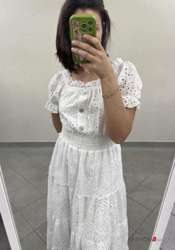 Embroidered puff sleeve short sleeve Cotton Dress with buttons broderie anglaise with elastic with flounces - ph 3