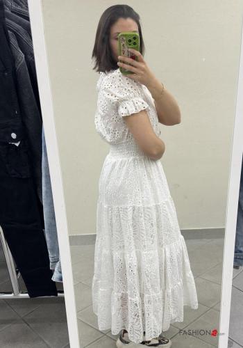 Embroidered puff sleeve short sleeve Cotton Dress with buttons broderie anglaise with elastic with flounces - ph 4