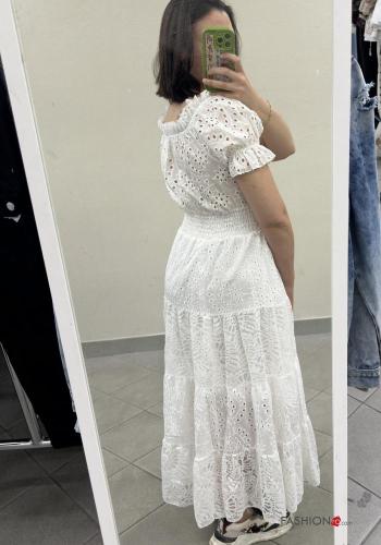 Embroidered puff sleeve short sleeve Cotton Dress with buttons broderie anglaise with elastic with flounces - ph 5