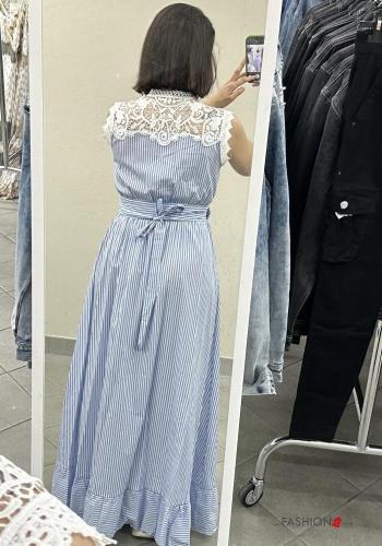 Abito chemisier in Cotone pizzo senza maniche Fantasia righe con cintura in stoffa con balze scollo a V - ph 3