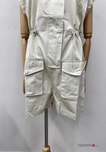 short sleeve mini Cotton Jumpsuit with buttons with drawstring with pockets - ph 5