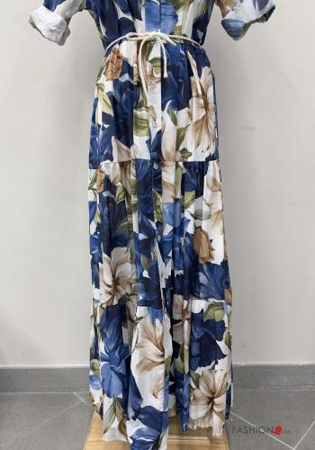 lange Blusenkleid aus Baumwolle mit Gürtel mit Knöpfen mit Volants - ph 4