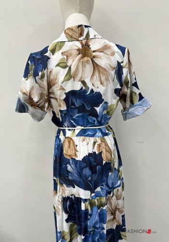 lange Blusenkleid aus Baumwolle mit Gürtel mit Knöpfen mit Volants - ph 6