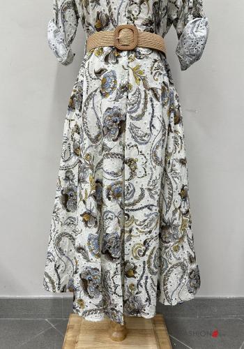 Blumenmuster lange Blusenkleid aus Baumwolle mit Gürtel englische stickerei mit Knöpfen - ph 2