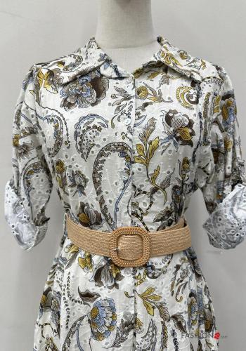 Blumenmuster lange Blusenkleid aus Baumwolle mit Gürtel englische stickerei mit Knöpfen - ph 4