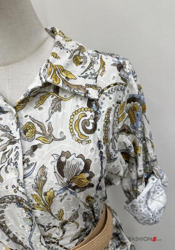 Blumenmuster lange Blusenkleid aus Baumwolle mit Gürtel englische stickerei mit Knöpfen - ph 5