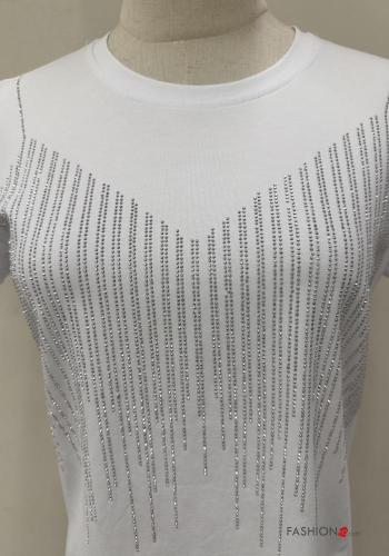 short sleeve crew neck Cotton T-shirt with rhinestones - ph 2
