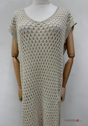 Besticktes Muster Lurex lange netz kurze ärmel Strandkleid mit V-Ausschnitt mit schlitz - ph 2