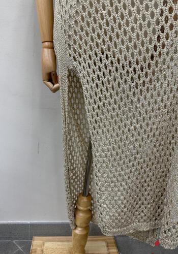 Besticktes Muster Lurex lange netz kurze ärmel Strandkleid mit V-Ausschnitt mit schlitz - ph 3