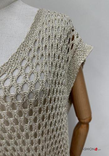 Besticktes Muster Lurex lange netz kurze ärmel Strandkleid mit V-Ausschnitt mit schlitz - ph 4