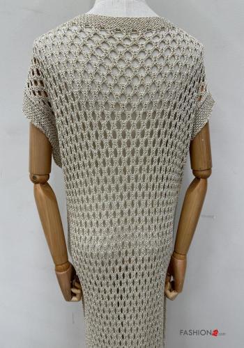 Besticktes Muster Lurex lange netz kurze ärmel Strandkleid mit V-Ausschnitt mit schlitz - ph 6