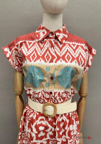 Jumpsuit in Cotone wide leg maniche corte con colletto con cintura con bottoni - ph 2