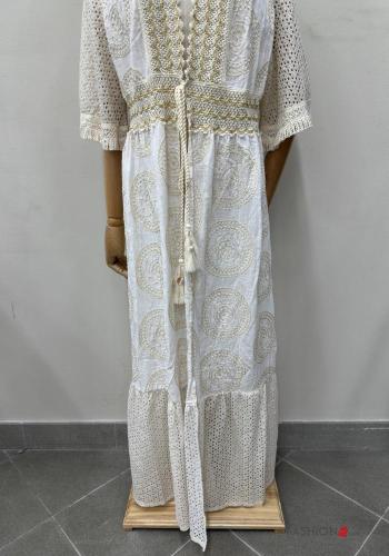 Besticktes Muster lange Strandkleid aus Baumwolle mit seil tiefer ausschnitt 3/4 ärmel - ph 2
