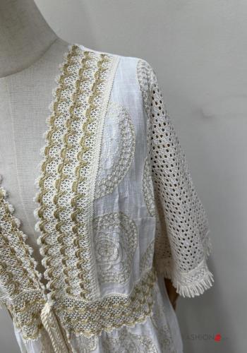 Besticktes Muster lange Strandkleid aus Baumwolle mit seil tiefer ausschnitt 3/4 ärmel - ph 3