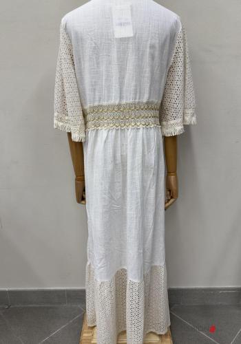 Besticktes Muster lange Strandkleid aus Baumwolle mit seil tiefer ausschnitt 3/4 ärmel - ph 4