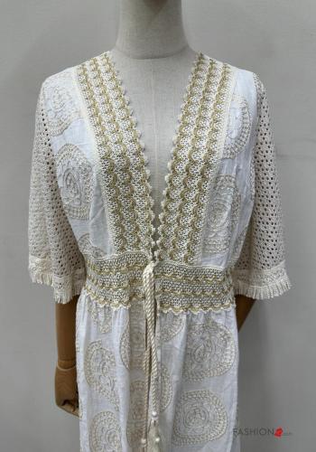 Besticktes Muster lange Strandkleid aus Baumwolle mit seil tiefer ausschnitt 3/4 ärmel - ph 5