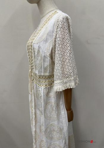 Besticktes Muster lange Strandkleid aus Baumwolle mit seil tiefer ausschnitt 3/4 ärmel - ph 6