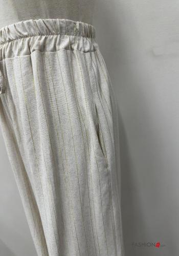 Pantalone in Lino Fantasia righe con tasche con elastico - ph 2