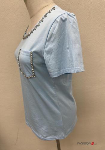 short sleeve crew neck Cotton T-shirt with pockets with rhinestones - ph 2