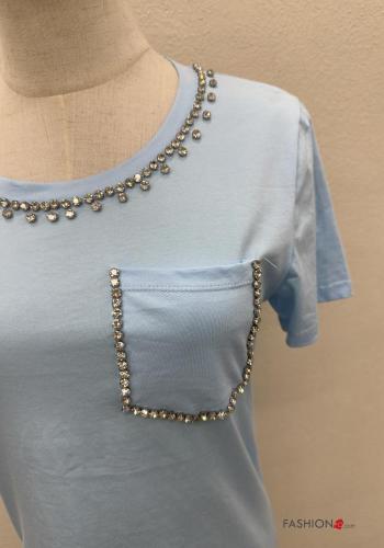 short sleeve crew neck Cotton T-shirt with pockets with rhinestones - ph 3