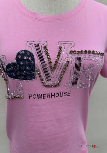 T-shirt em Algodão manga curta gola redonda Padrão Estampado com strass - ph 2