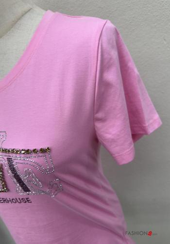 T-shirt em Algodão manga curta gola redonda Padrão Estampado com strass - ph 5